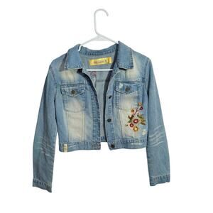 Rare Distressed Floral Embroidery Cropped Womens Denim Jacket Button Up Sz Small